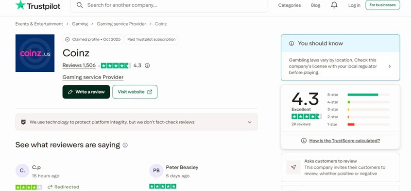 Coinz.us Trustpilot
